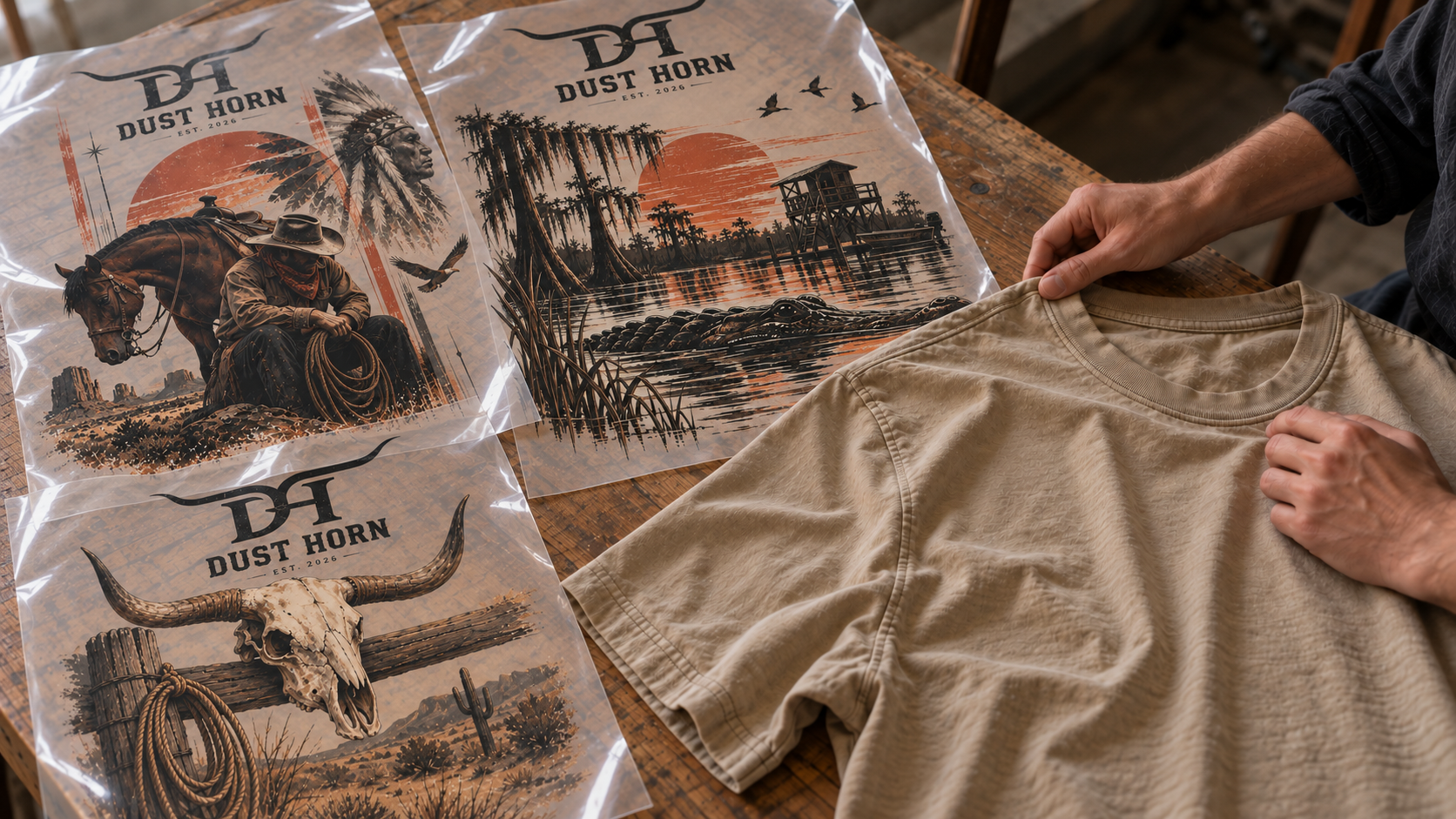 T-shirt sable et visuels Dust Horn disposés sur une table